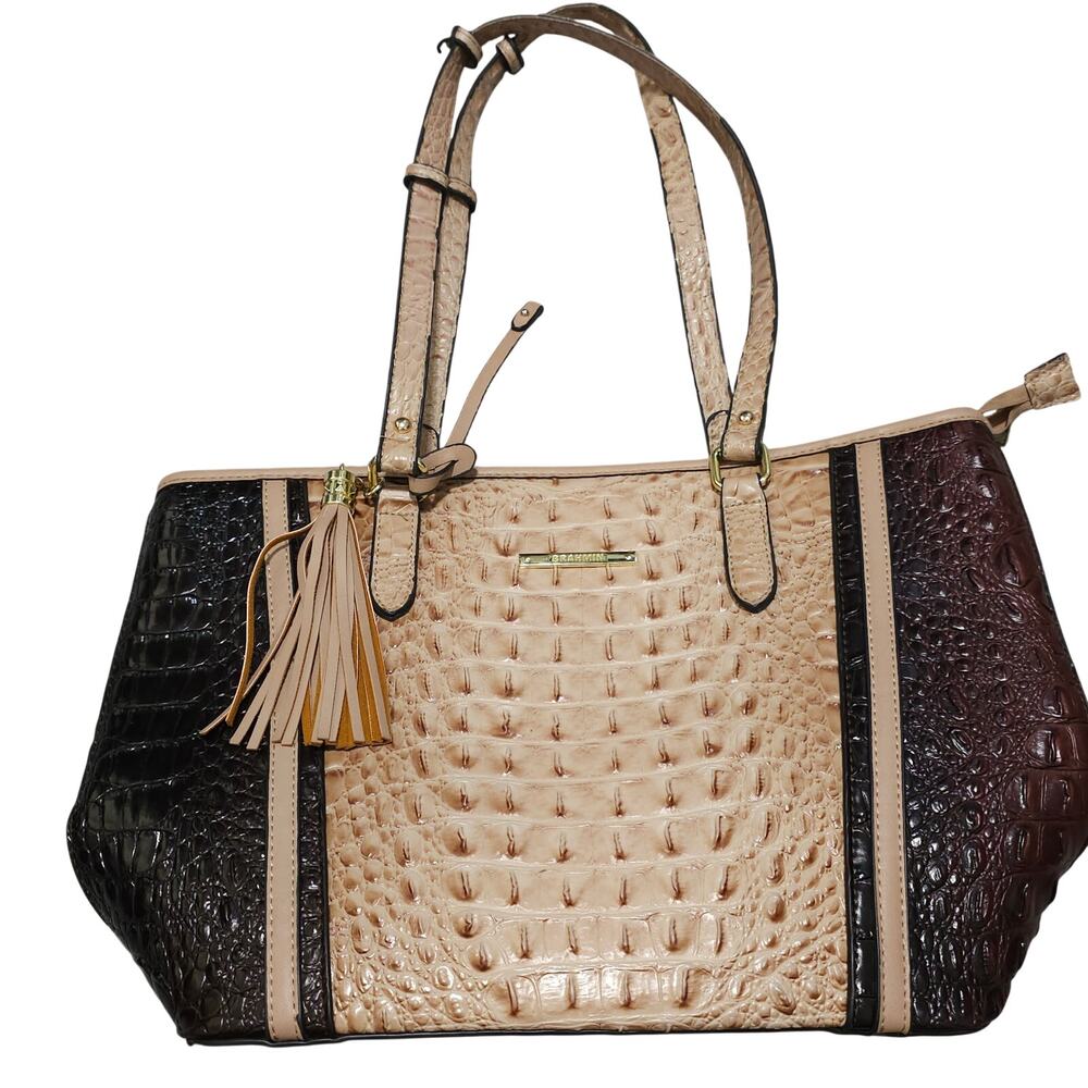 Brahmin Leather Tote Purse Crocodile Embossed Tan Brown Zip Top Shoulder Bag